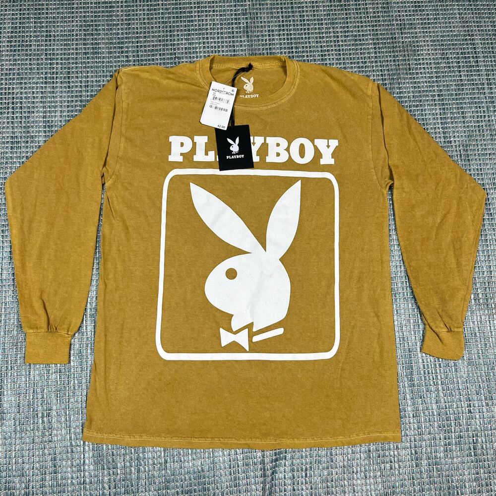 PLAYBOY MENS OVERDYE BROWN Long sleeve T Shirt Tee Sz XS New NWT